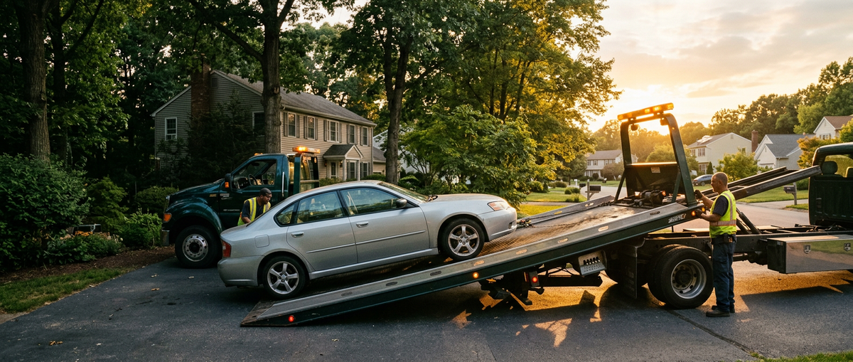 Flatbed tow truck loading a silver sedan at dusk