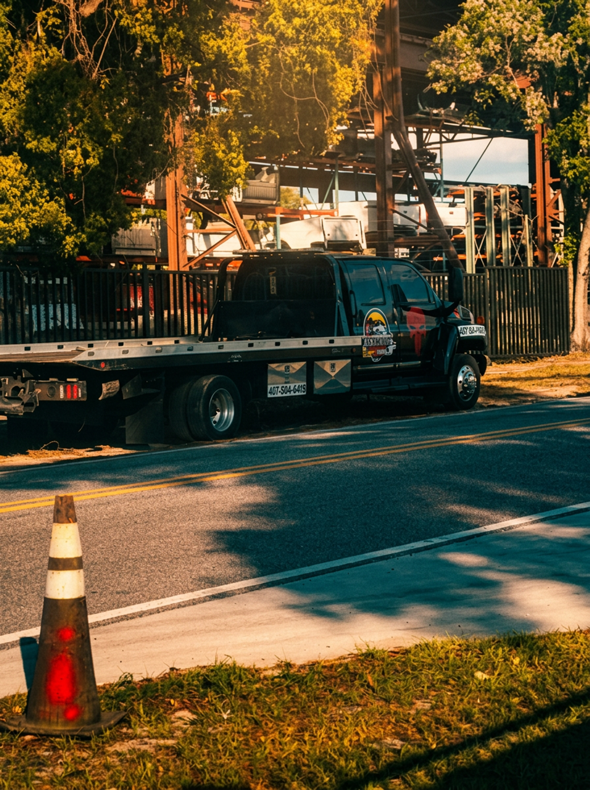 Black flatbed parked roadside with safety cone