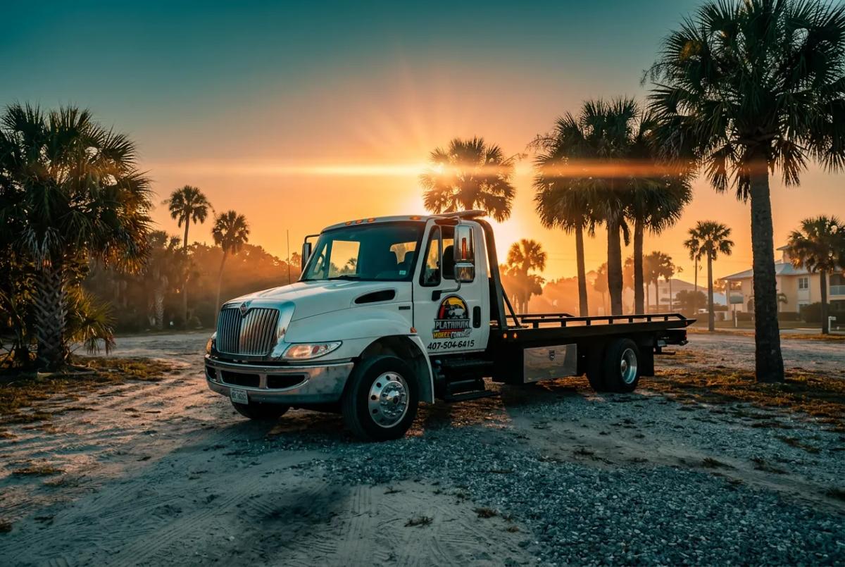 Flatbed tow truck under Florida palms at sunset