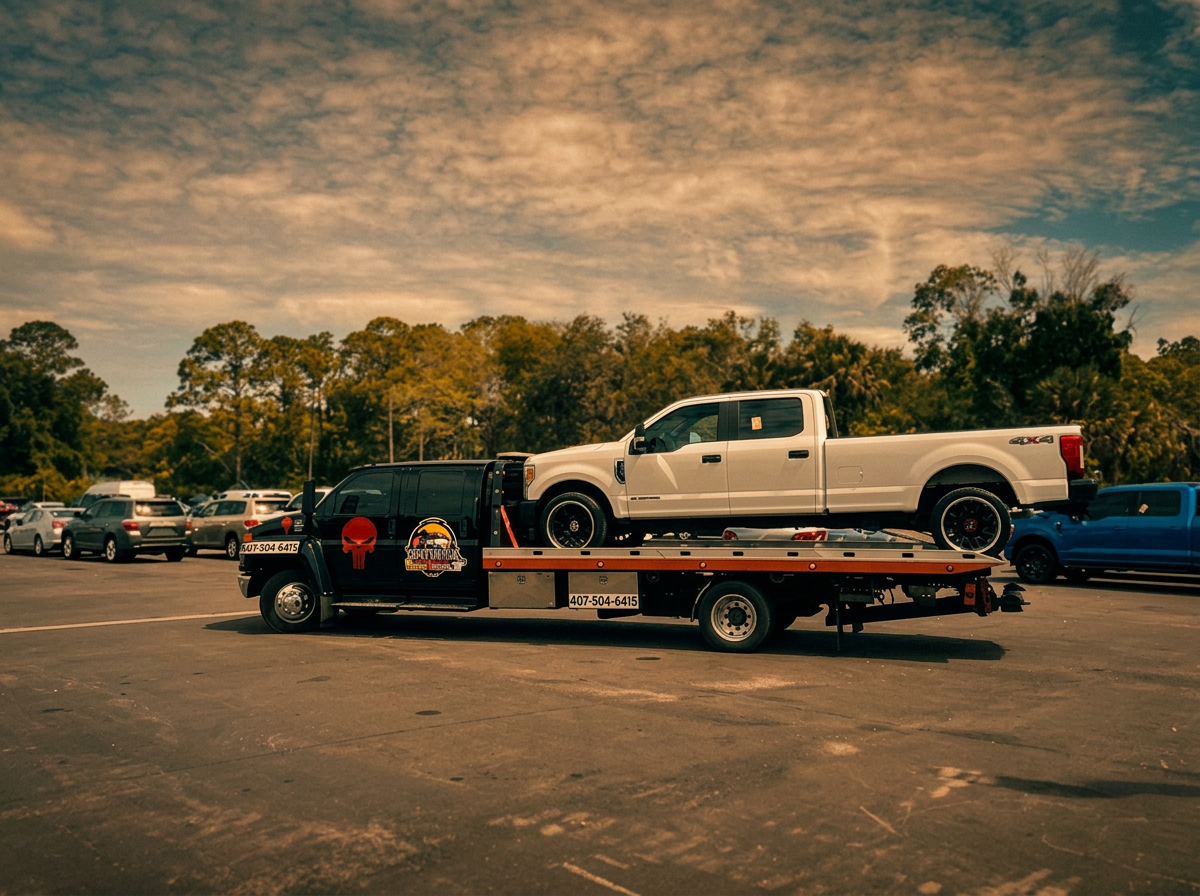 Black flatbed carrying a white Ford F-250 in a Florida lot