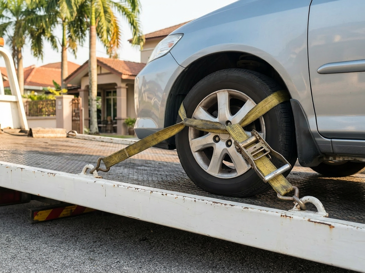 Operator securing a vehicle with safety straps