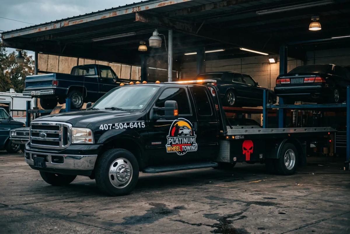 Black flatbed parked at the shop bay