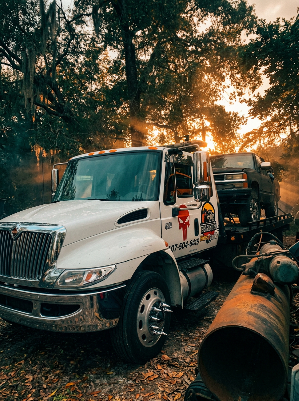 White flatbed tow truck loading a pickup at golden hour in a wooded lot