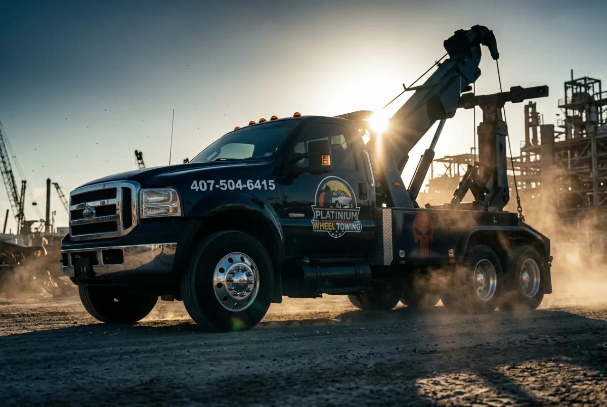 Heavy-duty wrecker tow truck silhouette with sun flare