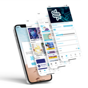 A digital mockup showcasing the Xpeer medical education app on a smartphone, highlighting accredited courses, personalized learning paths, and interactive content for healthcare professionals.