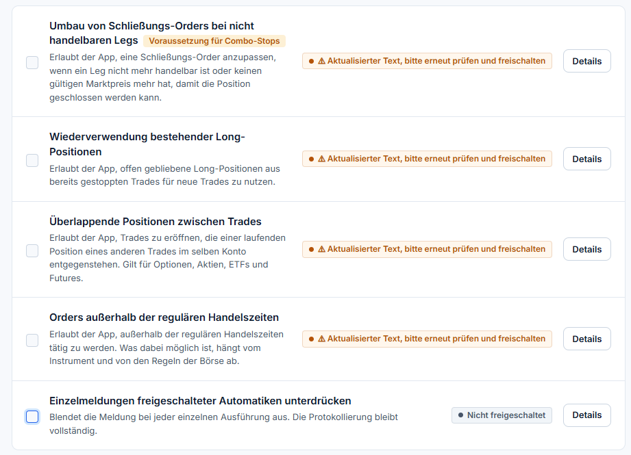 Approvals area in the user portal (German interface) listing the approvals for rebuilding close orders, reusing existing long positions, overlapping positions across trades and orders outside regular trading hours