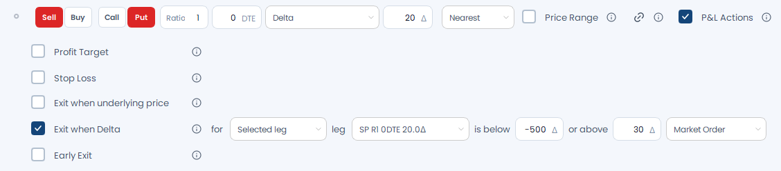 Screenshot der OptionsApp, P&L Action: Delta Exit: 1 Delta-Exit auf Put-Leg