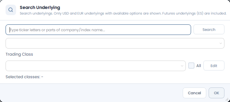 Screenshot der OptionsApp, Auswahl und Aktivierung von Underlyings: 1 Suche nach Ticker-Symbol