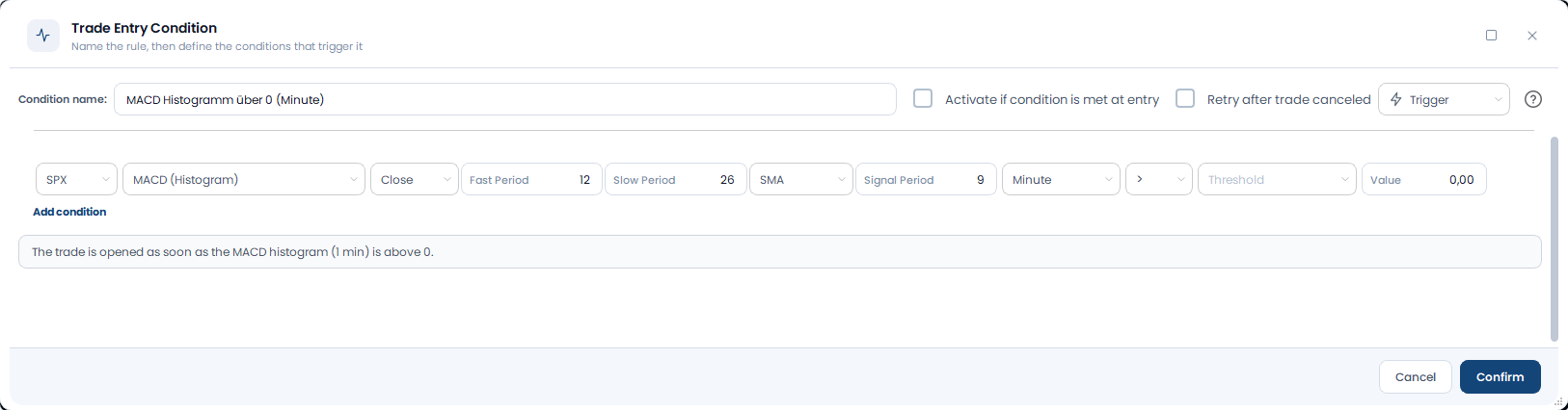 Screenshot der OptionsApp, Condition: MACD-Indikator: Anwendungsbeispiele