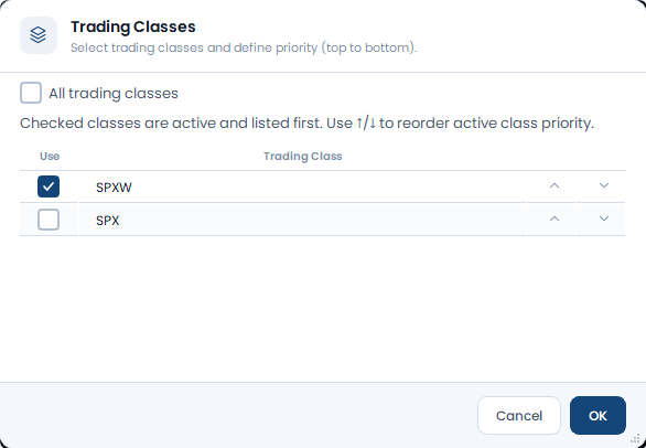 Screenshot der OptionsApp, Auswahl und Aktivierung von Underlyings: 1 Auswahl der Trading Classes