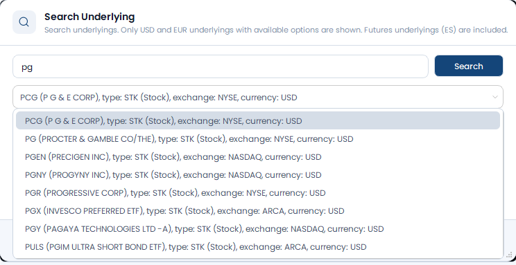 Screenshot der OptionsApp, Auswahl und Aktivierung von Underlyings: 1 Suche nach Ticker-Symbol