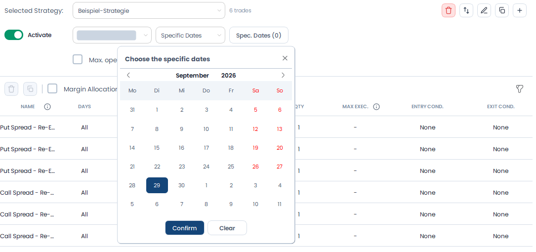 Screenshot der OptionsApp, Strategieaktivierung & Handelstage: 3 Specific Dates