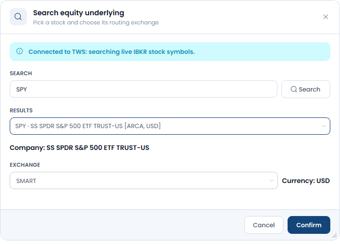 Search equity underlying window in the OptionsApp with the search term SPY, the selected ETF SPDR S&P 500 ETF Trust and SMART routing