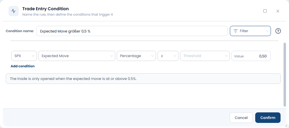 Screenshot der OptionsApp, Condition: Expected Move und Expected Move Consumption: Verwendung des Expected Move in der Option