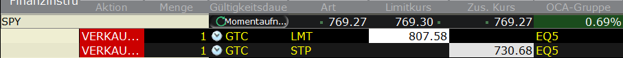 TWS order list with the stop loss and profit target orders of an OptionsApp stock trade, linked in an OCA group