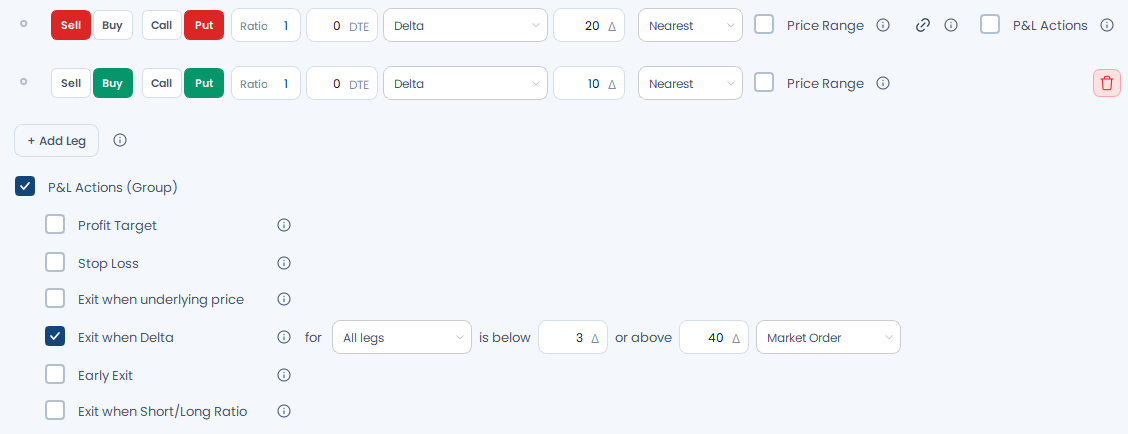 Screenshot der OptionsApp, P&L Action: Delta Exit: 3 Delta-Exit auf Put-Spread