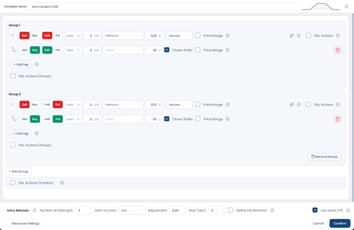 Screenshot der OptionsApp, Beispiel-Trade: Iron Condor mit Stop und Stop Adjustment (0-DTE): Aufbau des Iron Condors