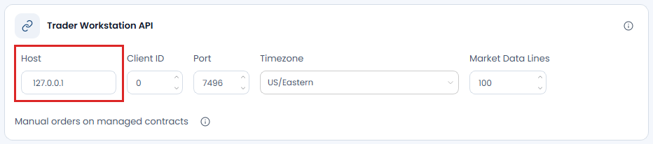 Screenshot der OptionsApp, TWS API Einstellungen: 1 Host