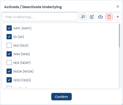 Screenshot der OptionsApp, Auswahl und Aktivierung von Underlyings: Aktivierte Underlyings verwalten