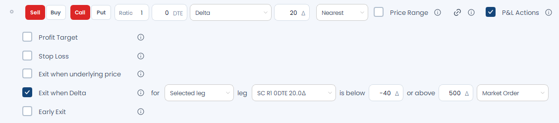 Screenshot der OptionsApp, P&L Action: Delta Exit: 2 Delta-Exit auf Call-Leg