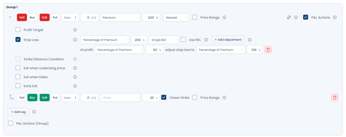 Screenshot der OptionsApp, Beispiel-Trade: Iron Condor mit Stop und Stop Adjustment (0-DTE)