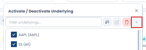 Screenshot der OptionsApp, Auswahl und Aktivierung von Underlyings: Neues Underlying hinzufügen