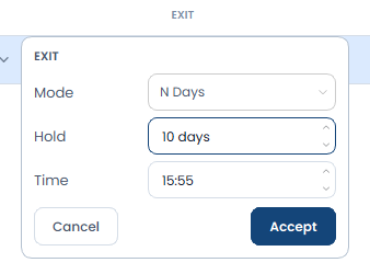 Exit settings of a stock row with mode N Days, holding period 10 days and time 15:55