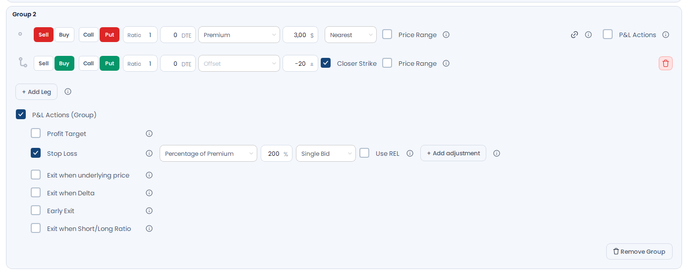 Screenshot der OptionsApp, Beispiel-Trade: Iron Condor mit Stop und Stop Adjustment (0-DTE): Stop Loss auf den Shorts