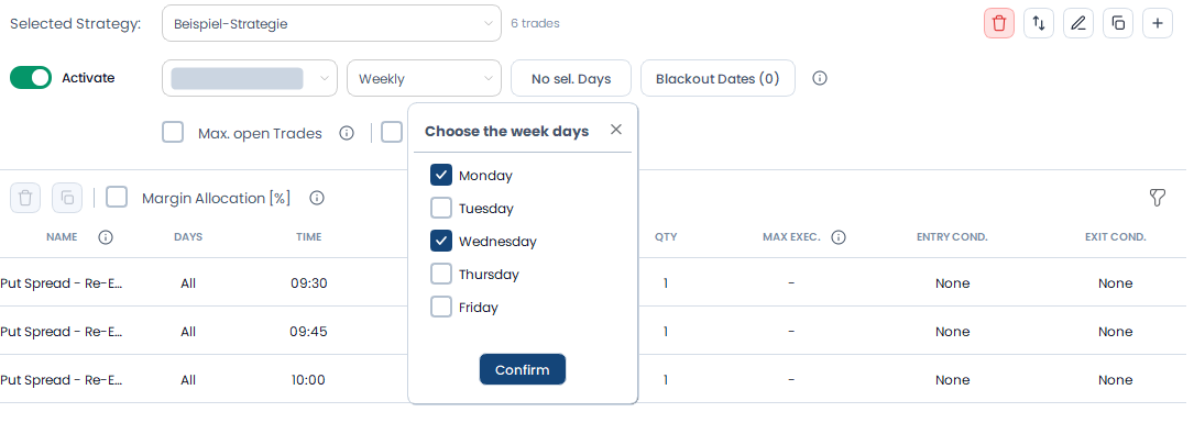 Screenshot der OptionsApp, Strategieaktivierung & Handelstage: 2 Weekly