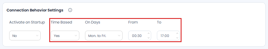 Screenshot der OptionsApp, Verbindungseinstellungen - Connection Behaviour Settings: Empfohlene Zeitfenster