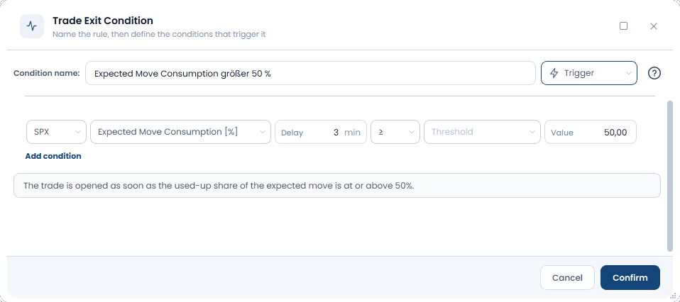 Screenshot der OptionsApp, Condition: Expected Move und Expected Move Consumption: Verwendung der Expected Move Consumption i