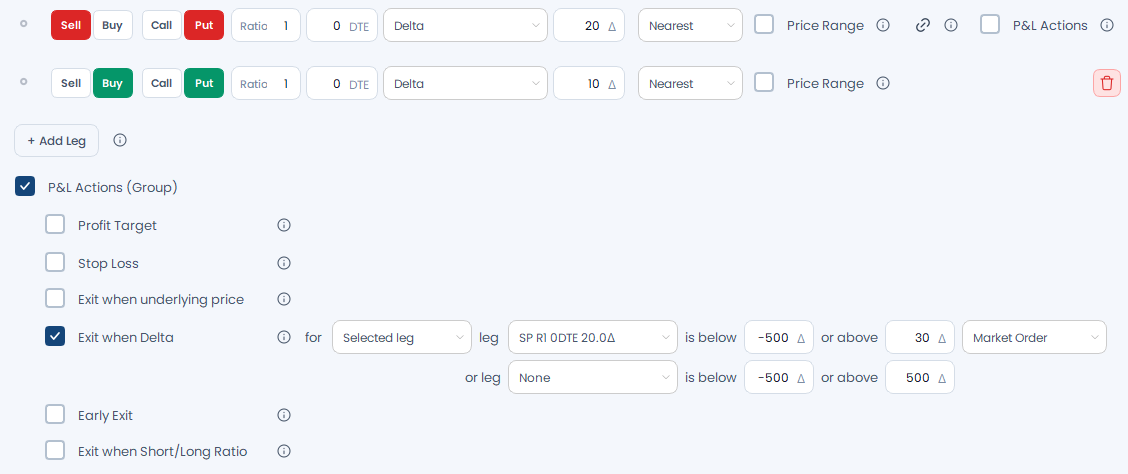Screenshot der OptionsApp, P&L Action: Delta Exit: 4 Delta-Exit auf einzelnes Leg mit Schließung der gesamten Combo