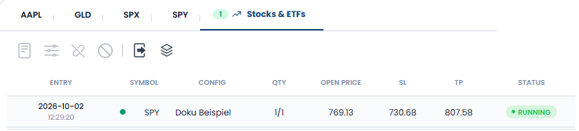 OptionsApp dashboard in the Stocks & ETFs tab with a running SPY trade, open price, stop loss, profit target and status RUNNING