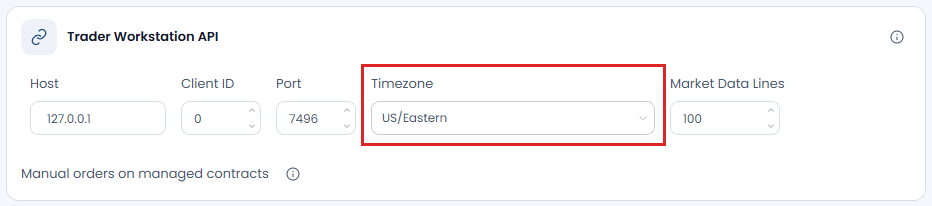 Screenshot der OptionsApp, TWS API Einstellungen: 4 Timezone