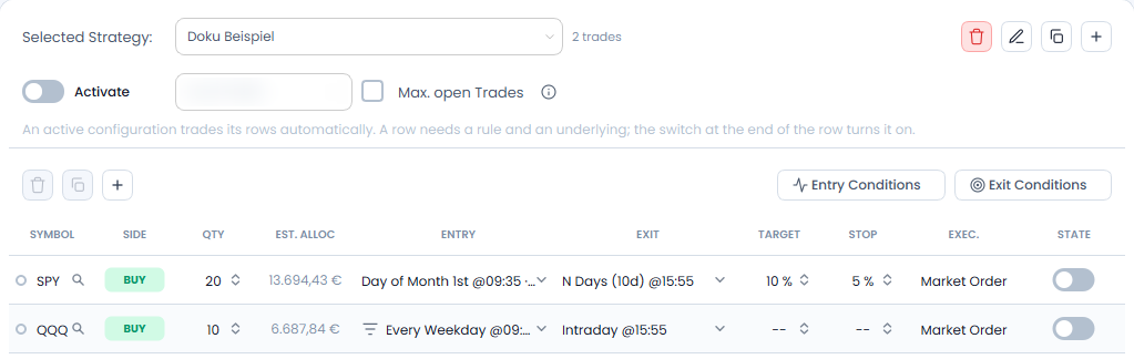 Seasonals & Signals tab in the OptionsApp with a stock strategy, header with Activate, account and Max. open Trades, and several rows