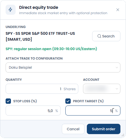 Direct Equity Trade window with stock, strategy, quantity and stop loss and profit target in percent