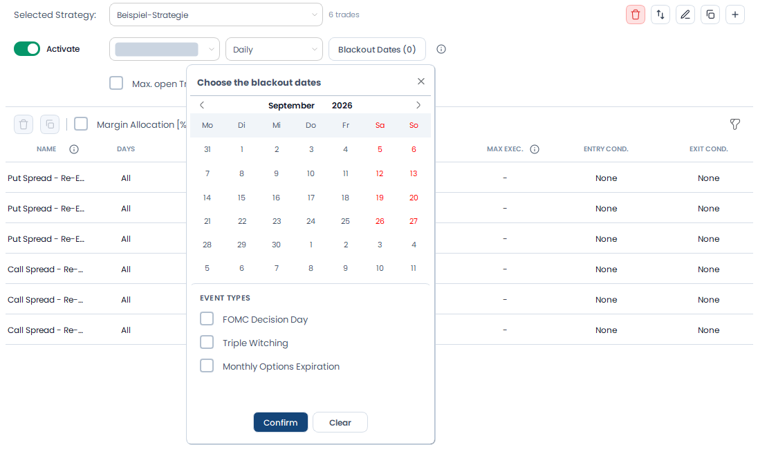 Screenshot der OptionsApp, Strategieaktivierung & Handelstage: Blackout Dates