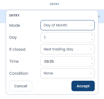 Entry settings of a stock row with mode Day of Month, day 1, If closed Next trading day and time 09:35