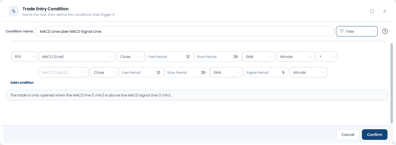 Screenshot der OptionsApp, Condition: MACD-Indikator: Anwendungsbeispiele