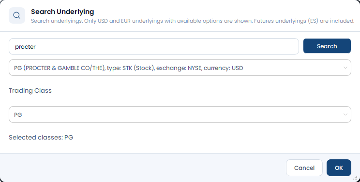 Screenshot der OptionsApp, Auswahl und Aktivierung von Underlyings: 2 Suche nach Name