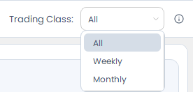 Screenshot der OptionsApp, Auswahl und Aktivierung von Underlyings: Trading Class im Trade Template auswählen