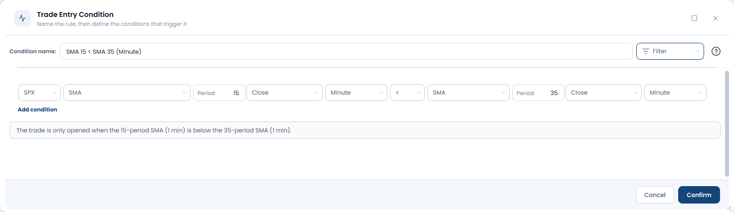 Screenshot der OptionsApp, Condition: SMA (Simple Moving Average): 4 Vergleich zweier SMAs
