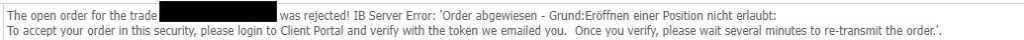 Screenshot der OptionsApp, Fehlermeldung: Order abgewiesen - Grund: Öffnen einer Position nicht erlaubt