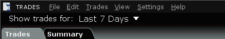 TWS trade history with the period set to Last 7 Days