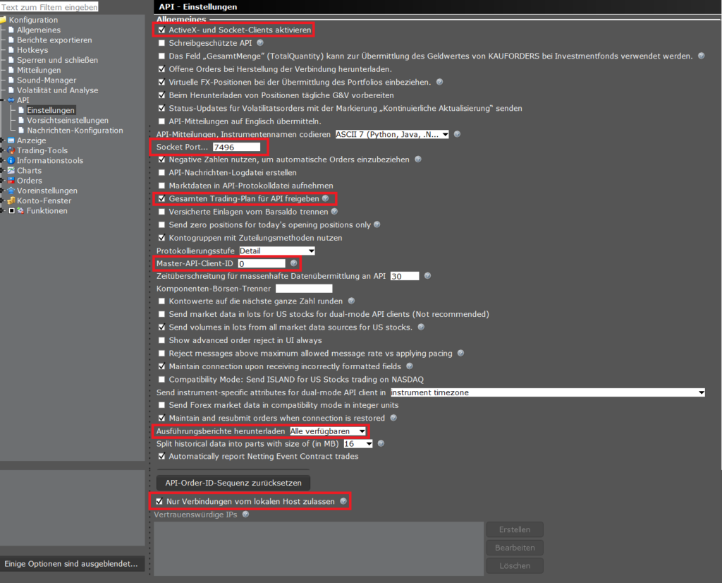 Screenshot der OptionsApp, TWS API Einstellungen: API-Einstellungen der TWS