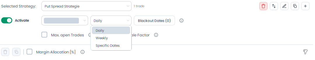 Screenshot der OptionsApp, Strategieaktivierung & Handelstage: Festlegung der Handelstage