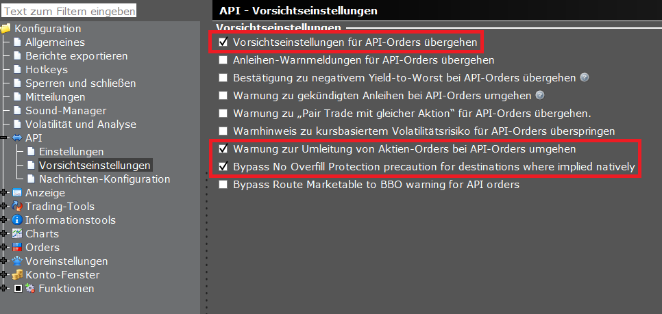 Screenshot der OptionsApp, TWS API Einstellungen: API-Vorsichtseinstellungen