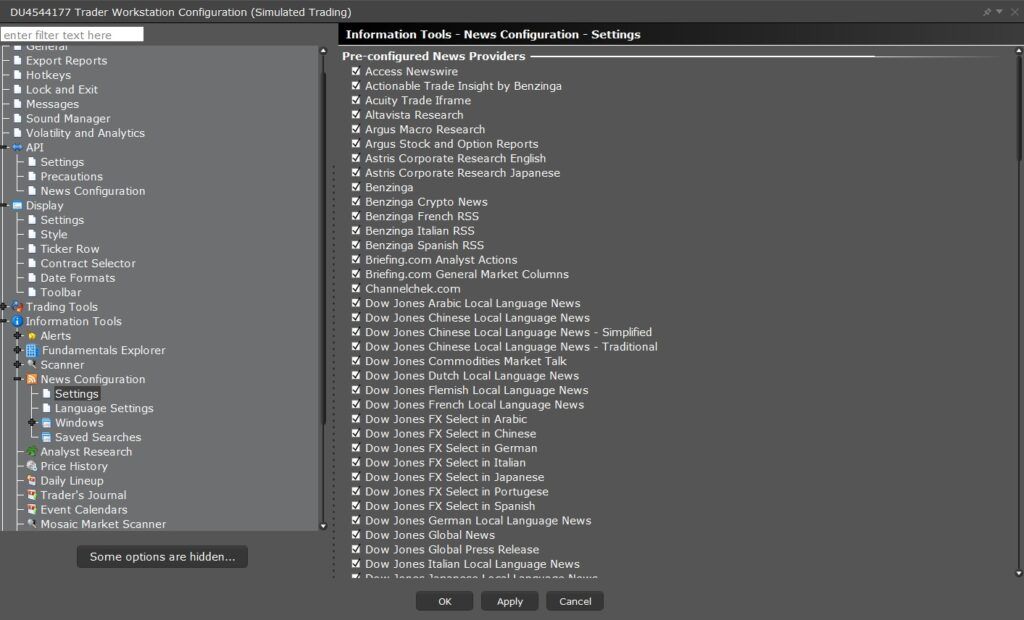 TWS settings: API News Configuration with a reduced selection of news sources