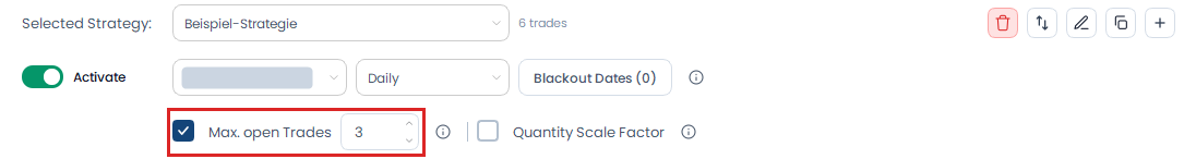 Screenshot der OptionsApp, Strategieaktivierung & Handelstage: Max Open Trades