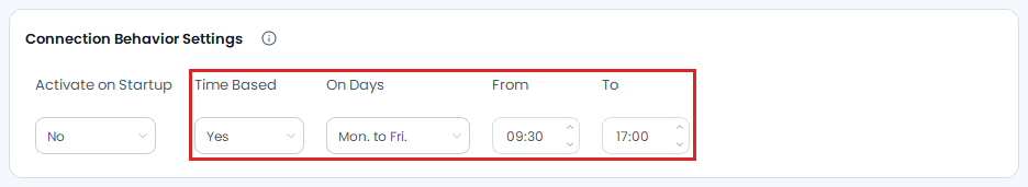 Screenshot der OptionsApp, Verbindungseinstellungen - Connection Behaviour Settings: Empfohlene Zeitfenster